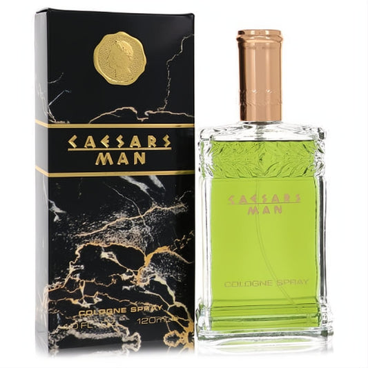 Caesars Man 4 oz cologne spray in a clear glass bottle with green fragrance, alongside its luxurious black and gold marble box.
