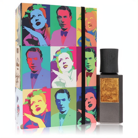 Cafe Chantant Exceptional Edition 2.5 oz unisex perfume. Dark bottle with gold label, textured cap, beside a vibrant pop art gift box.