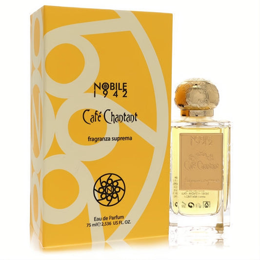 Luxurious Nobile 1942 Cafe Chantant 2.5 oz unisex extrait de parfum. Vibrant yellow box, clear glass bottle, and elegant golden cap.
