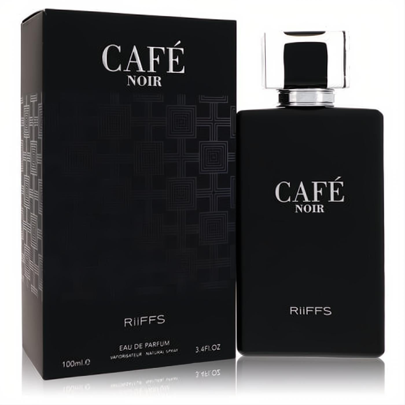 Sophisticated black Café Noire Riiffs 3.4 oz men's Eau De Parfum spray bottle with silver cap and elegant box.