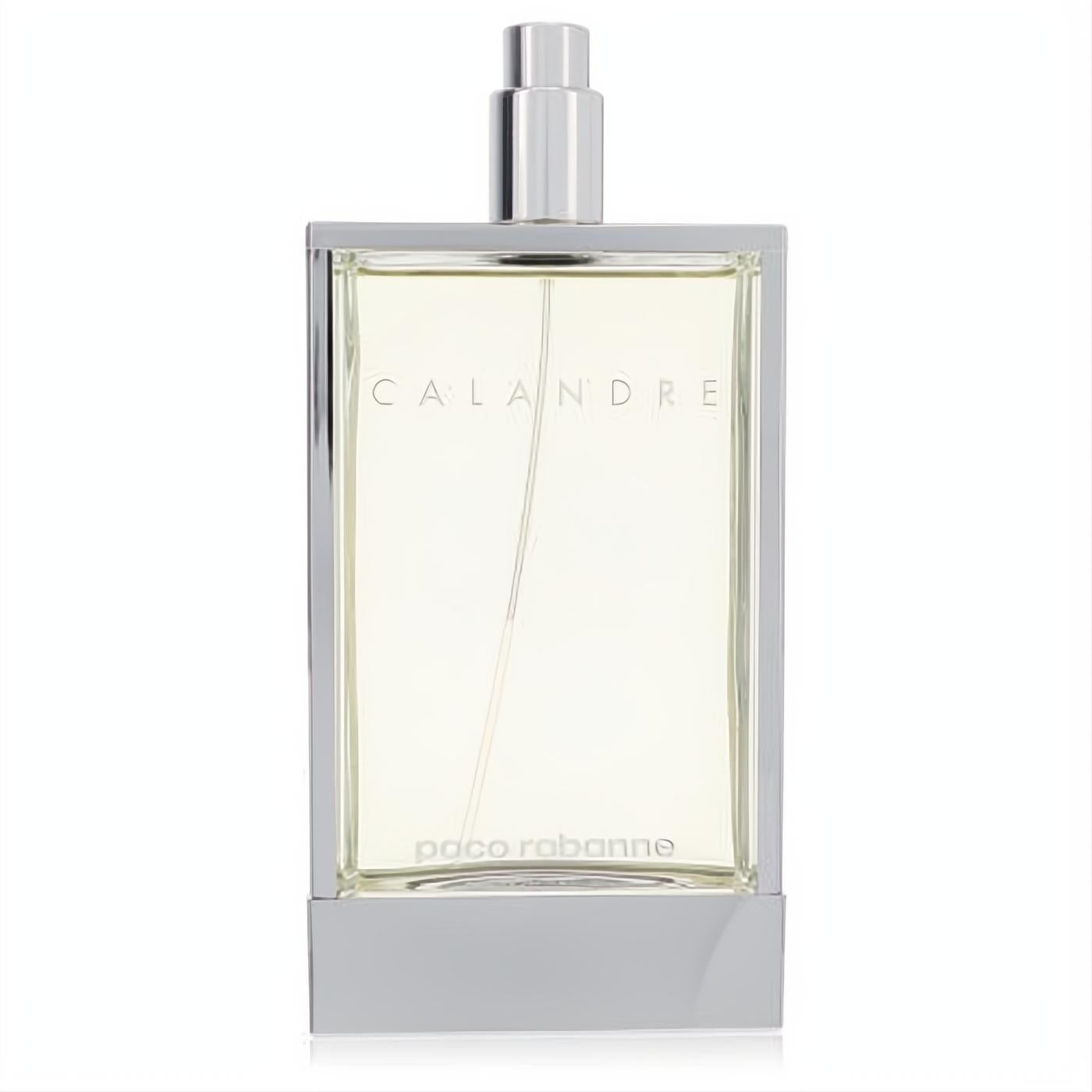 Paco Rabanne Calandre EDT tester. Elegant clear glass bottle with a sleek silver frame, showcasing the pale yellow fragrance.