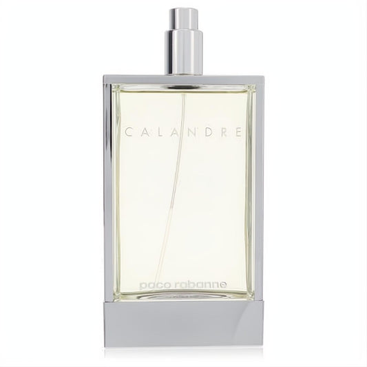 Paco Rabanne Calandre EDT tester. Elegant clear glass bottle with a sleek silver frame, showcasing the pale yellow fragrance.