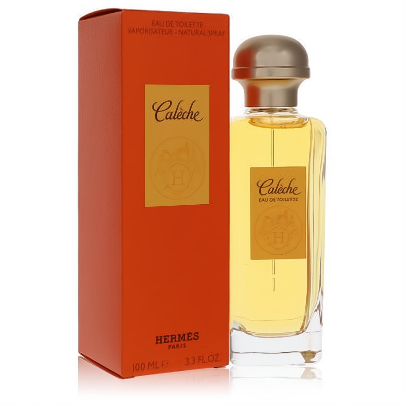 Luxurious Hermes Caleche Eau De Toilette 100ml spray for women, clear glass bottle with gold cap, beside its iconic orange box.