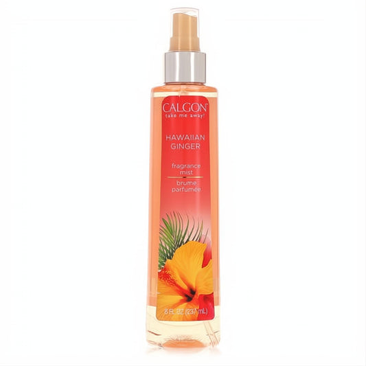Calgon Take Me Away Hawaiian Ginger 8 oz body mist. Clear bottle with vibrant tropical hibiscus, palm leaves, and golden sprayer.