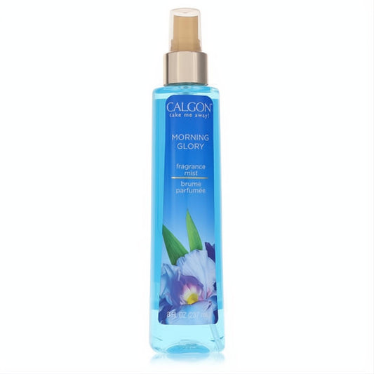 Calgon Take Me Away Morning Glory 8 oz fragrance mist. Clear blue bottle, vibrant iris floral label, gold sprayer.