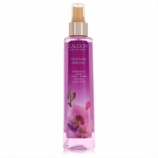 Calgon Tahitian Orchid 8 oz body mist. Clear bottle, vibrant purple label with lush pink orchids, and a sleek gold sprayer.