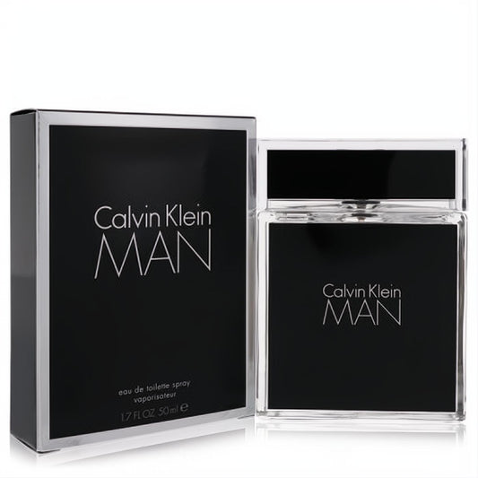 Sophisticated Calvin Klein Man 1.7 oz Eau De Toilette. Modern black glass bottle with a sleek silver-accented box.