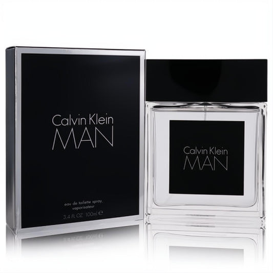 Calvin Klein Man 3.4 oz EDT. Sleek clear glass bottle with black cap and bold "MAN" label, next to its elegant black box.