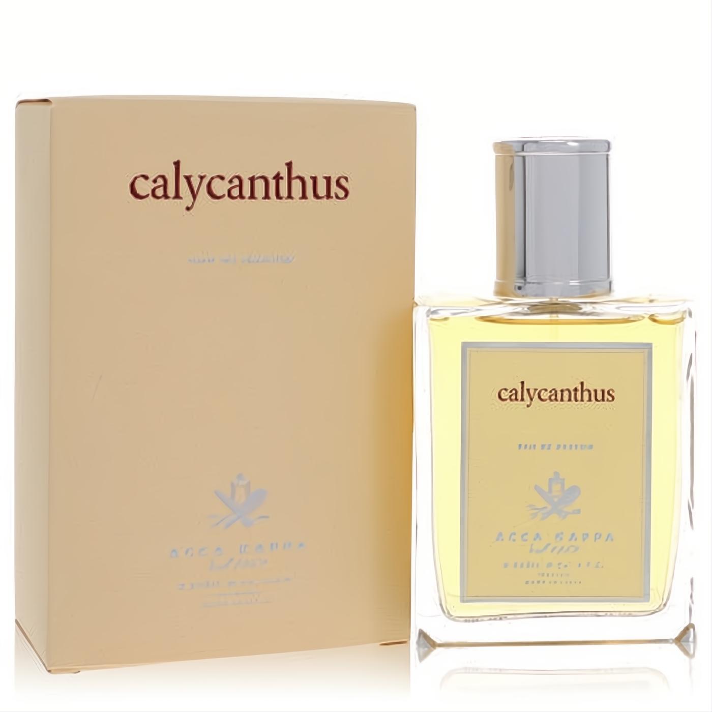 Discover Acca Kappa Calycanthus 3.3 oz Eau De Parfum. Clear glass bottle, golden liquid, silver cap, and elegant beige box.