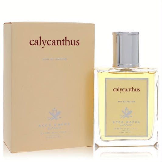 Discover Acca Kappa Calycanthus 3.3 oz Eau De Parfum. Clear glass bottle, golden liquid, silver cap, and elegant beige box.