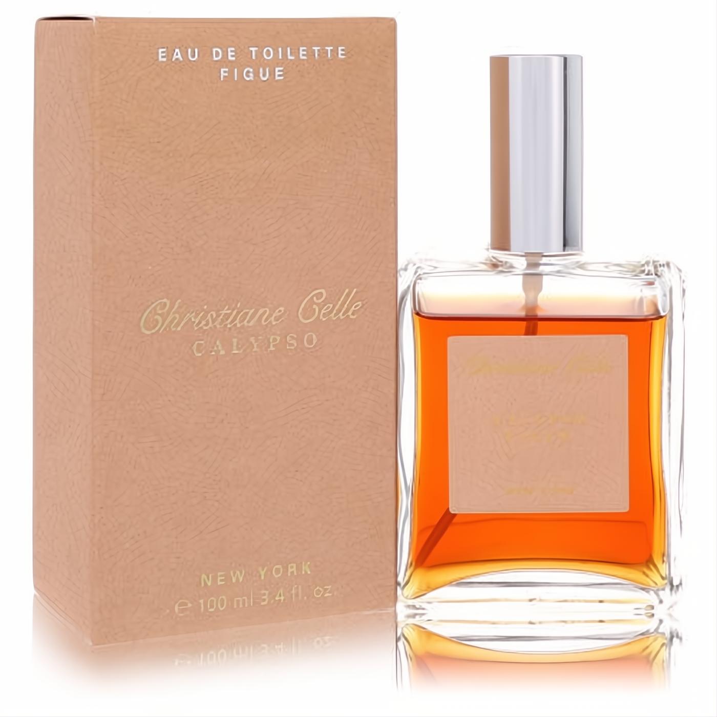 Sophisticated Calypso Figue 3.4 oz EDT spray, amber liquid in clear glass, with a chic nude box.
