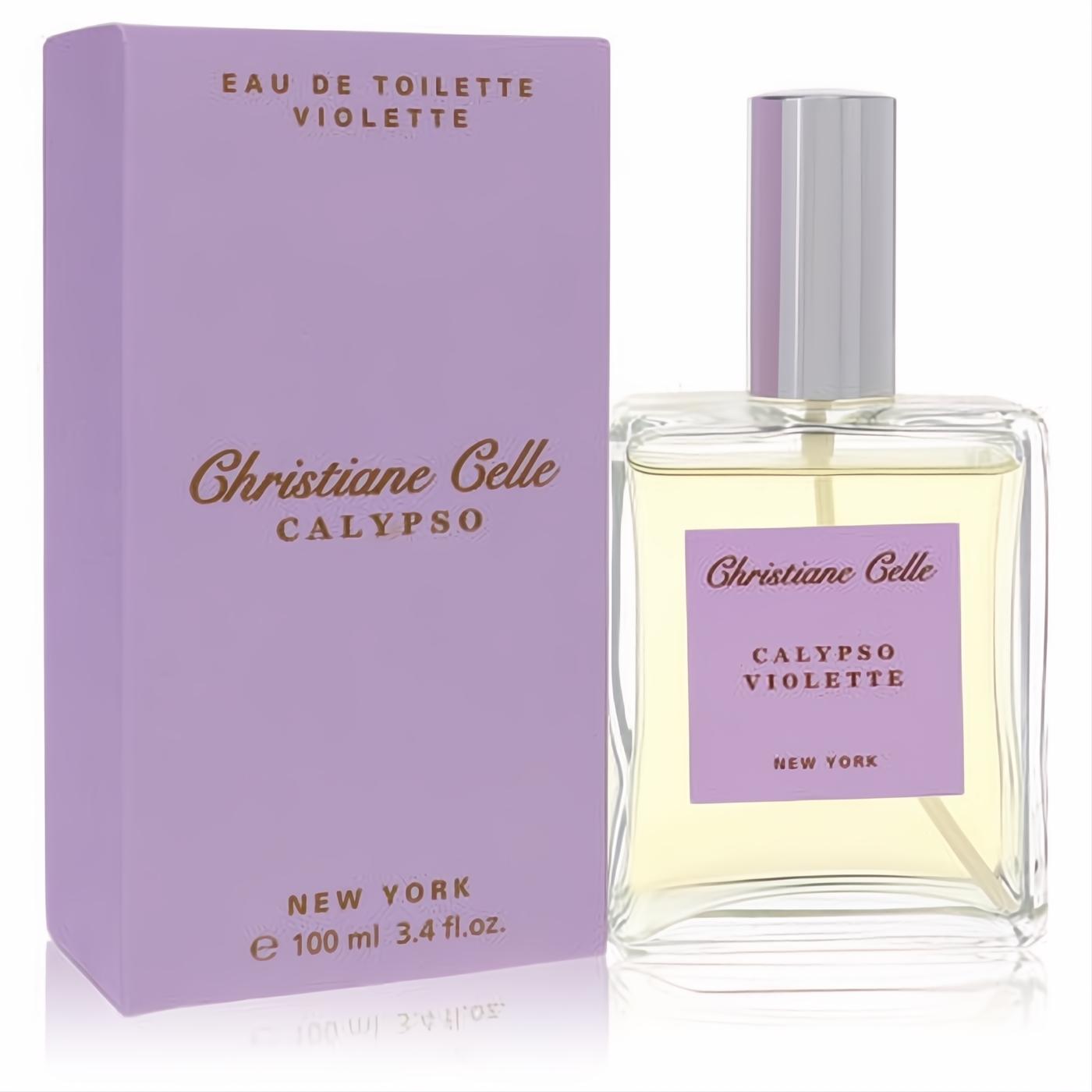 Experience Calypso Violette 3.4 oz Eau De Toilette spray. Elegant clear glass bottle with a lavender label and matching purple box.