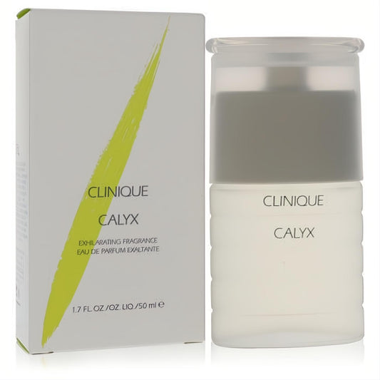 Clinique Calyx 1.7 oz exhilarating fragrance spray. Sleek frosted bottle with gray cap, beside its white box featuring a vibrant green stripe.