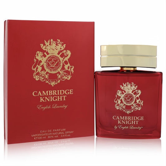 Sophisticated Cambridge Knight 3.4 oz men's EDP spray. Ruby red bottle with gold crest, gleaming gold cap, and matching elegant box.