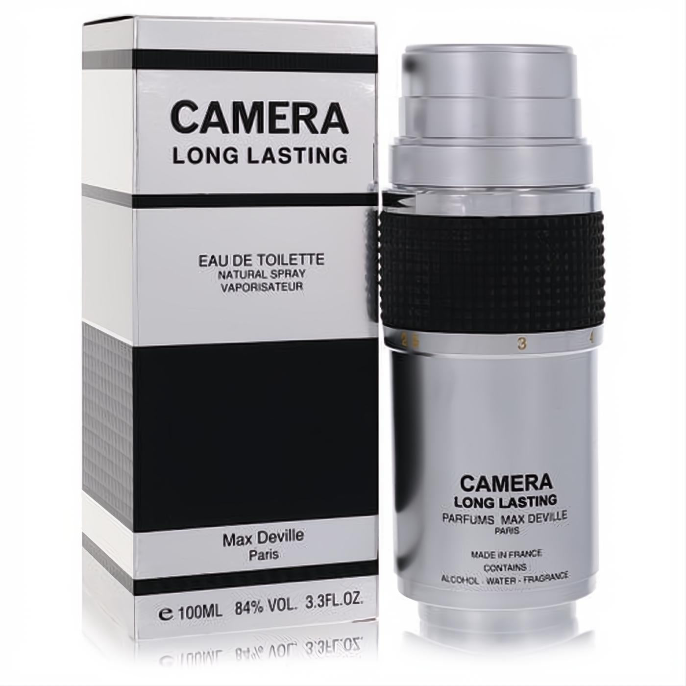 Bold Max Deville Camera Long Lasting Eau De Toilette, 3.4 oz. Unique silver camera lens bottle with black accents and sleek matching box.