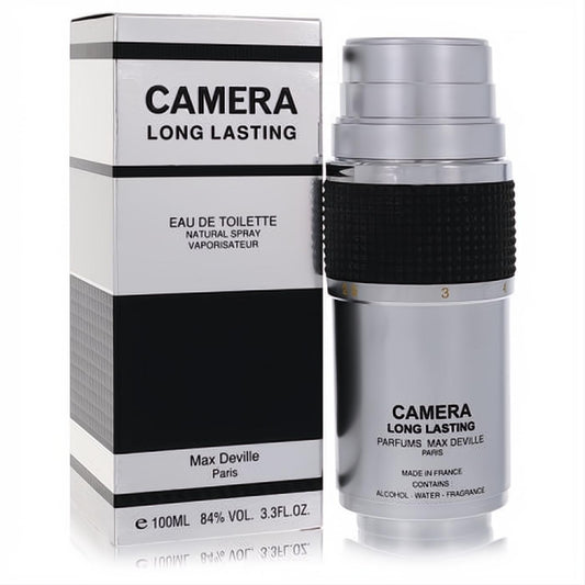 Bold Max Deville Camera Long Lasting Eau De Toilette, 3.4 oz. Unique silver camera lens bottle with black accents and sleek matching box.