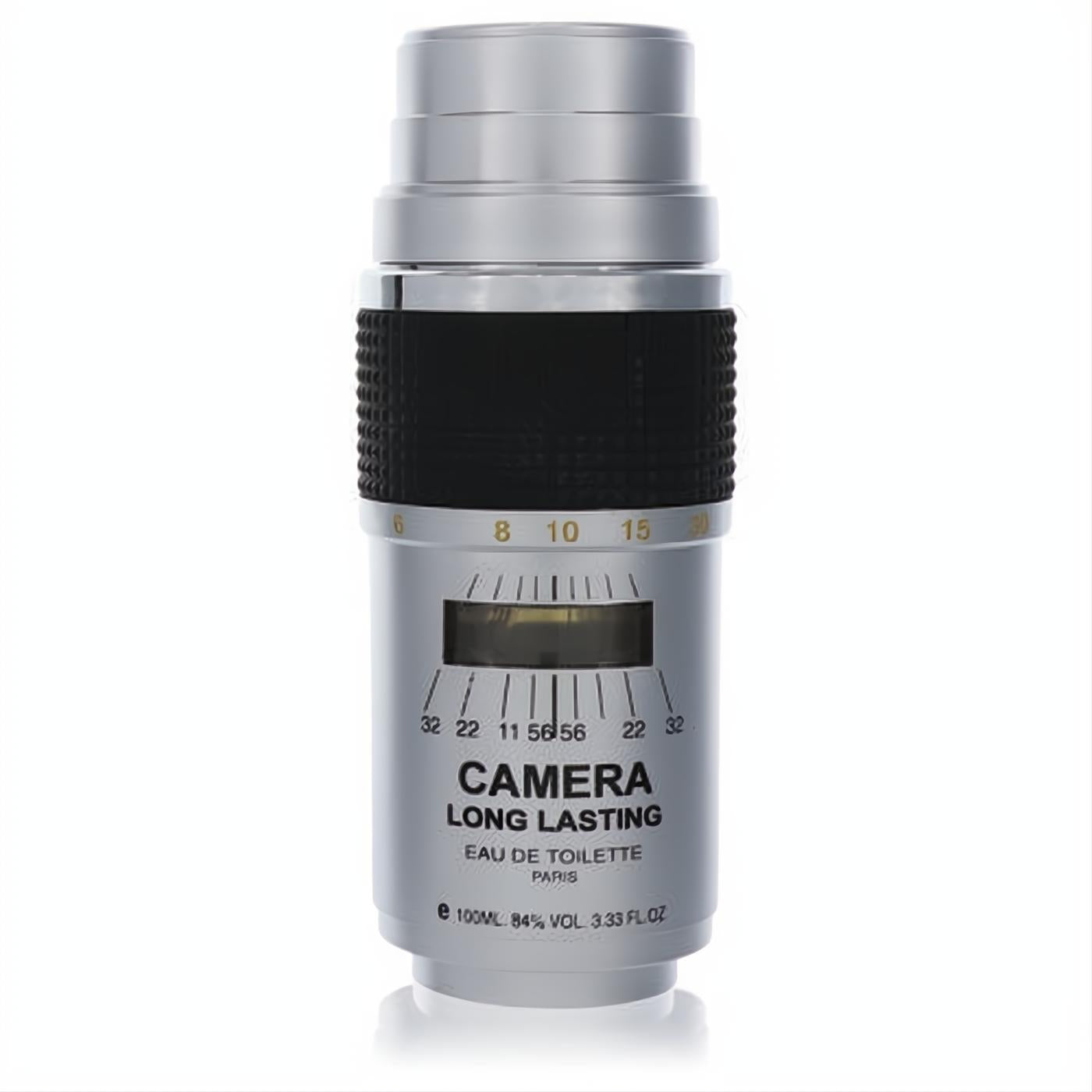 Max Deville Camera Long Lasting 3.4 oz men's EDT. Sleek silver & black camera lens bottle design.