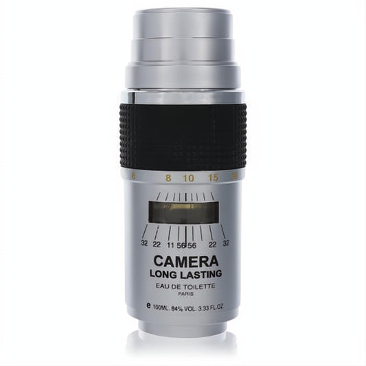 Max Deville Camera Long Lasting 3.4 oz men's EDT. Sleek silver & black camera lens bottle design.