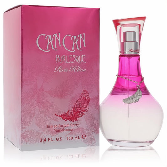 Captivating Can Can Burlesque Paris Hilton 3.4 oz Eau de Parfum. Vibrant pink ombre bottle with silver feather charm and matching box.
