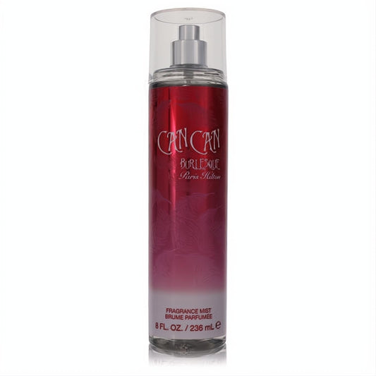 Paris Hilton Can Can Burlesque 8 oz fragrance mist. Vibrant red bottle with elegant feather design, clear base, and silver sprayer.