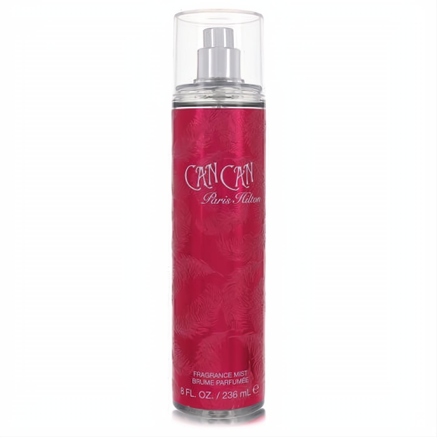 Glamorous Can Can by Paris Hilton 8 oz body mist. Vibrant fuchsia bottle with elegant feather texture and clear cap.