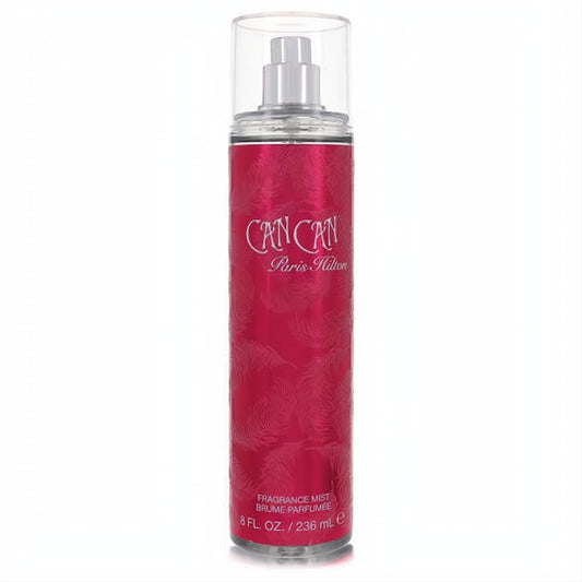 Glamorous Can Can by Paris Hilton 8 oz body mist. Vibrant fuchsia bottle with elegant feather texture and clear cap.