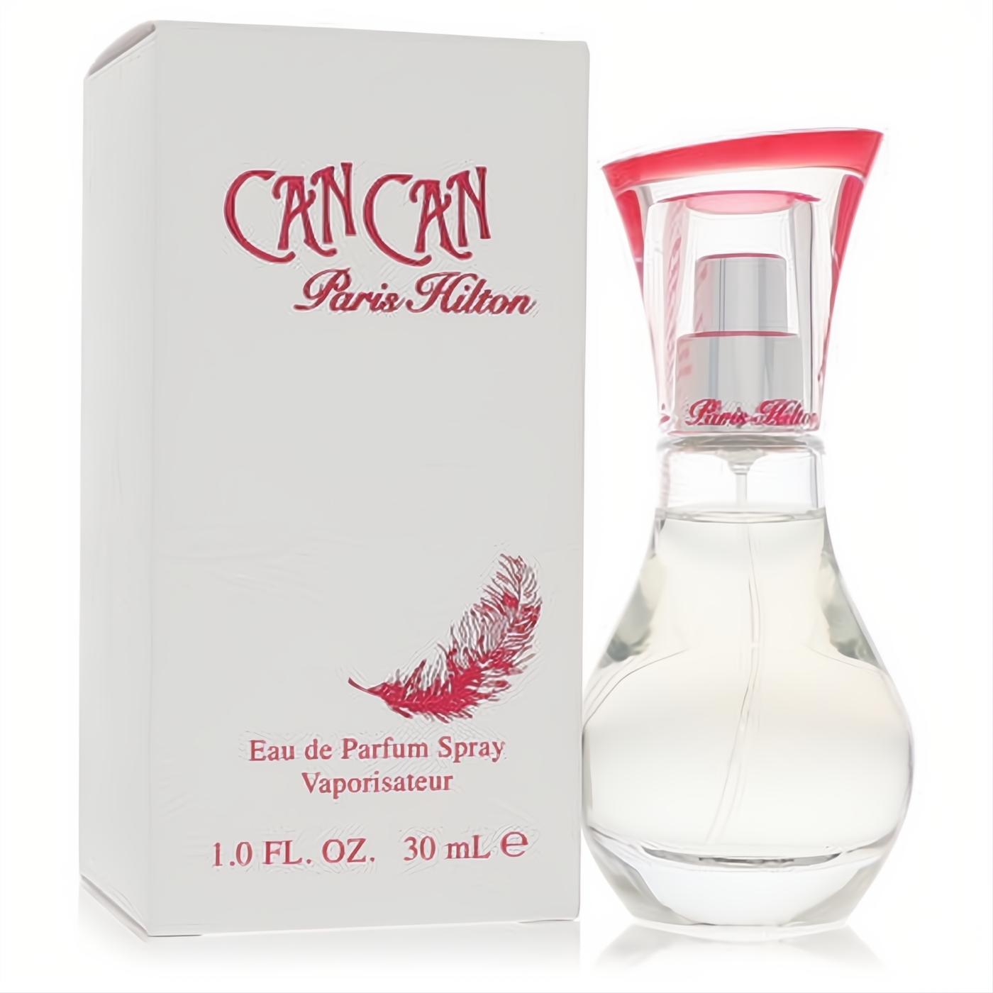 Chic Can Can by Paris Hilton 1 oz Eau de Parfum for women. Clear glass bottle with a unique pink cap, beside its white box with red feather.