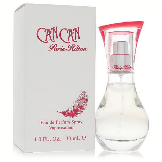 Chic Can Can by Paris Hilton 1 oz Eau de Parfum for women. Clear glass bottle with a unique pink cap, beside its white box with red feather.