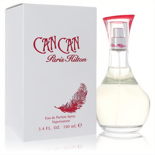 Paris Hilton Can Can 3.4 oz Eau De Parfum. Chic clear glass bottle with a striking red cap, next to its white box with red feather design.