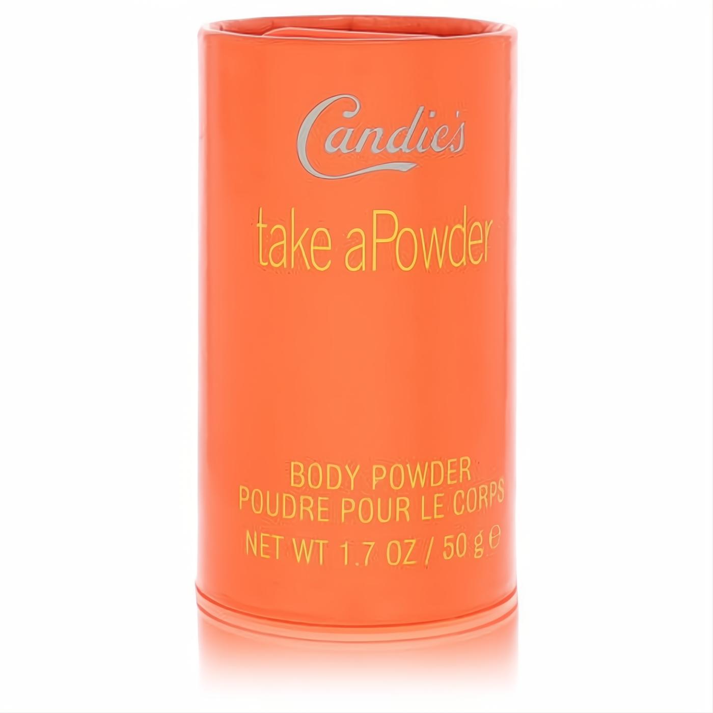 Bold orange Candies 'take a Powder' 1.7 oz body powder shaker. Perfect for a refined, flowery women's fragrance.