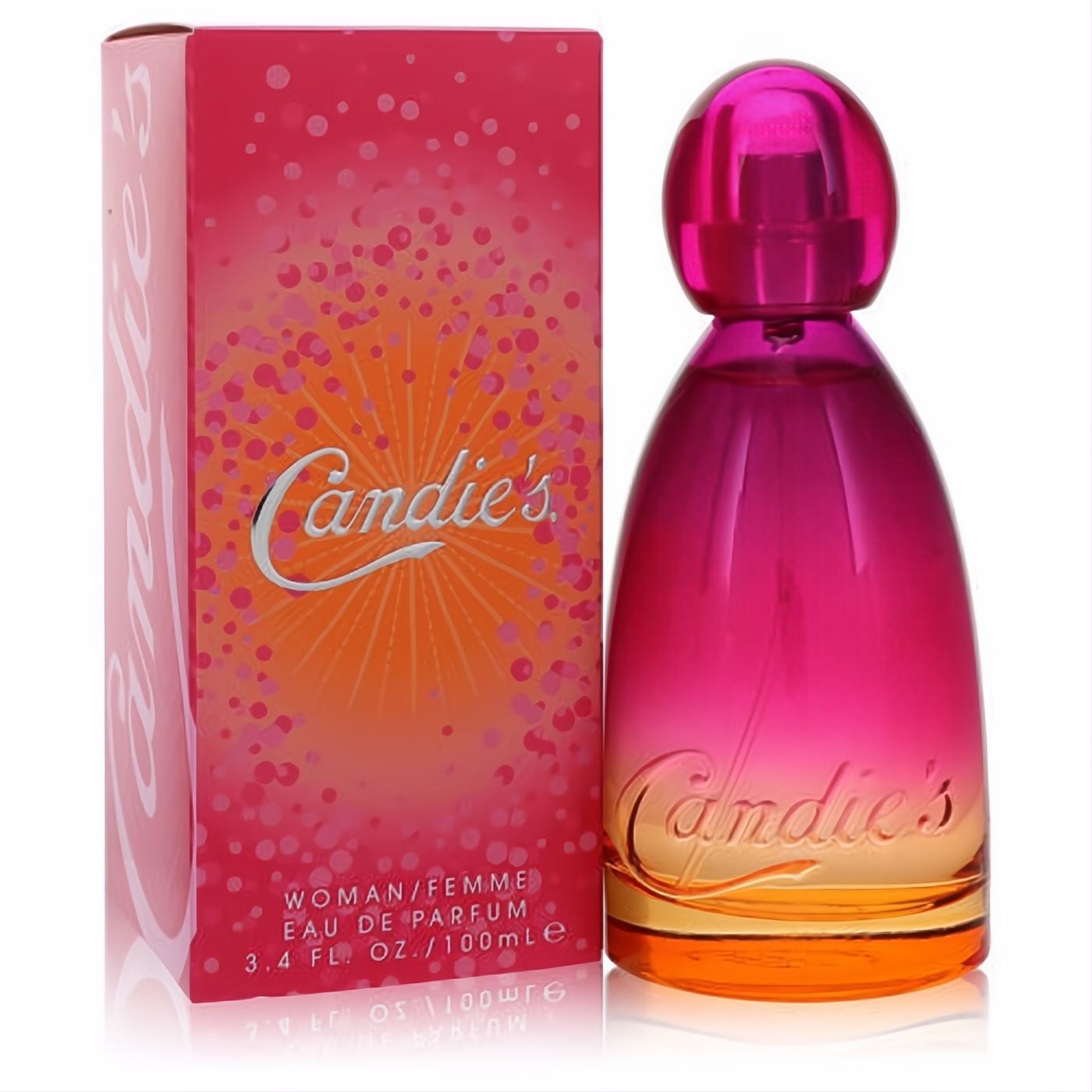Candie's Eau De Parfum 3.4 oz spray in a vibrant pink-orange ombre bottle, paired with a playful confetti-patterned box.