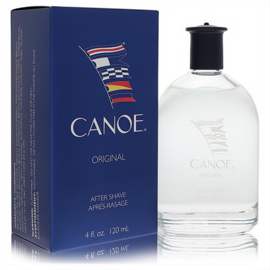 Canoe Original After Shave 4 oz. Clear glass bottle with black cap, iconic flag logo, next to its vibrant blue box.