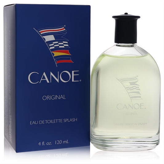 Canoe by Dana 4 oz men's Eau de Toilette. Clear glass bottle, black cap, and classic blue box with nautical flag.