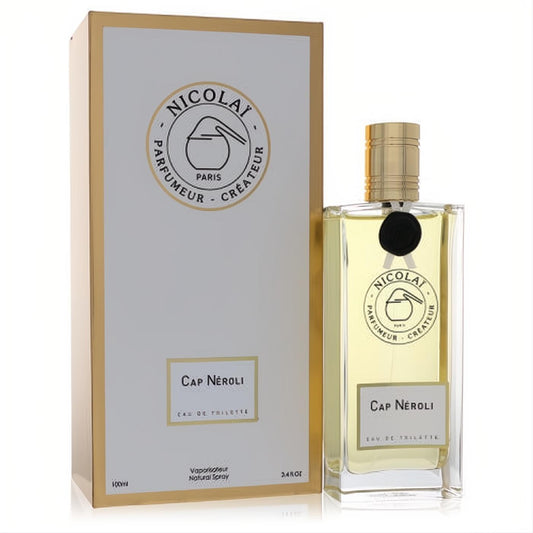 Nicolai Cap Neroli 3.4 oz unisex Eau De Toilette: elegant clear glass bottle with gold cap and luxurious white & gold box.