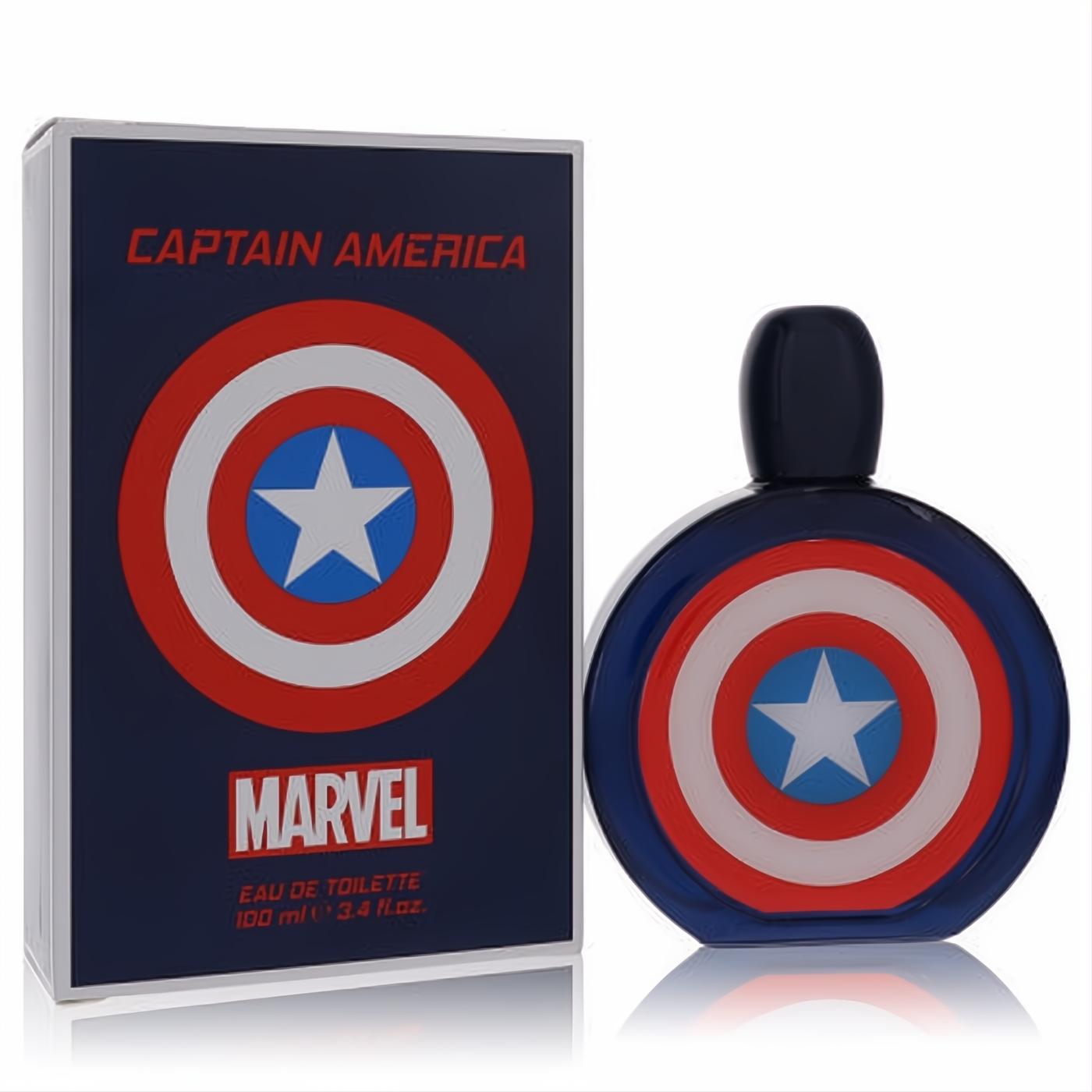 Captain America Marvel men's 3.4 oz Eau De Toilette spray. Dark blue bottle and box showcase the iconic red, white, and blue shield.