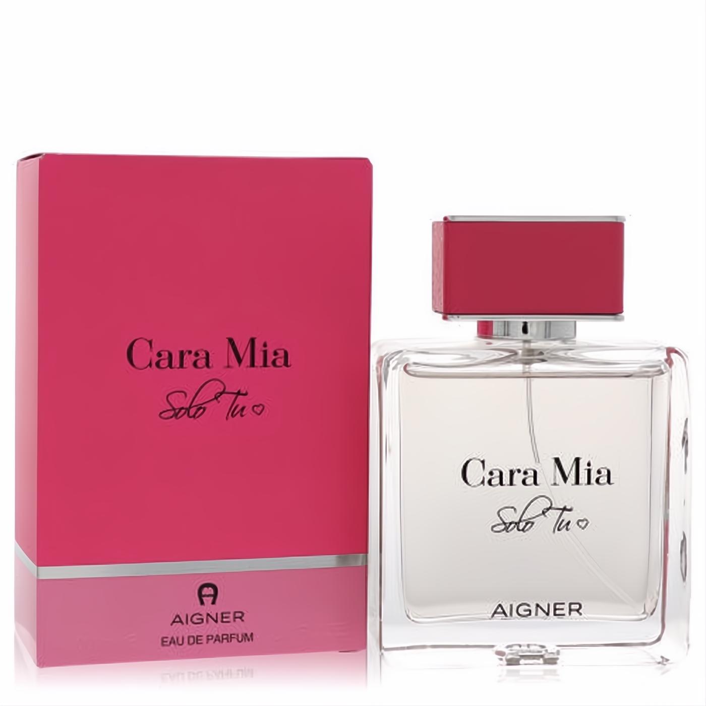 Etienne Aigner Cara Mia Solo Tu 3.4 oz women's Eau de Parfum. Clear glass bottle, vibrant magenta cap and matching box.