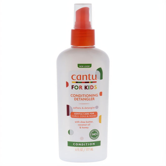 Cantu FOR KIDS 6 oz white conditioning detangler spray. Orange pump delivers gentle care for soft, detangled curls, coils, waves.