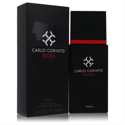 Carlo Corinto Rouge 3.4 oz Eau De Toilette for men. Bold black bottle and box with a striking red accent band.
