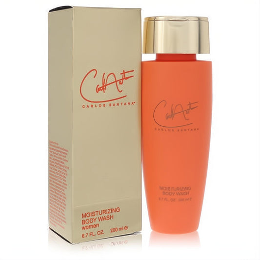 Carlos Santana women's moisturizing body wash: a vibrant orange 6.7 oz bottle with a sleek gold cap, alongside its elegant gold box.