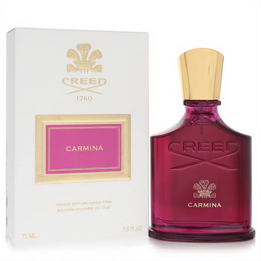 Creed Carmina 2.5 oz women's Eau De Parfum spray. Elegant magenta glass bottle with gold cap and white packaging.