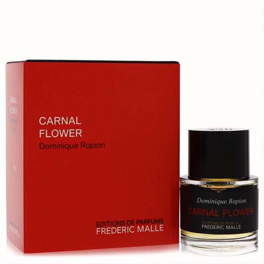 Sophisticated Carnal Flower 1.7 oz EDP bottle with sleek black label, gold ring, and bold red presentation box.