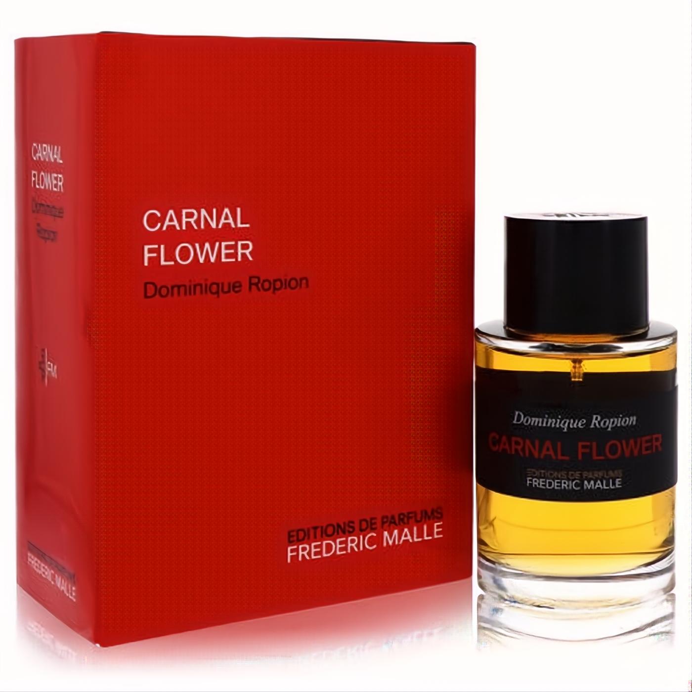 Elegant Frederic Malle Carnal Flower 3.4 oz unisex Eau De Parfum. Features a bold red box and clear glass bottle with amber liquid.