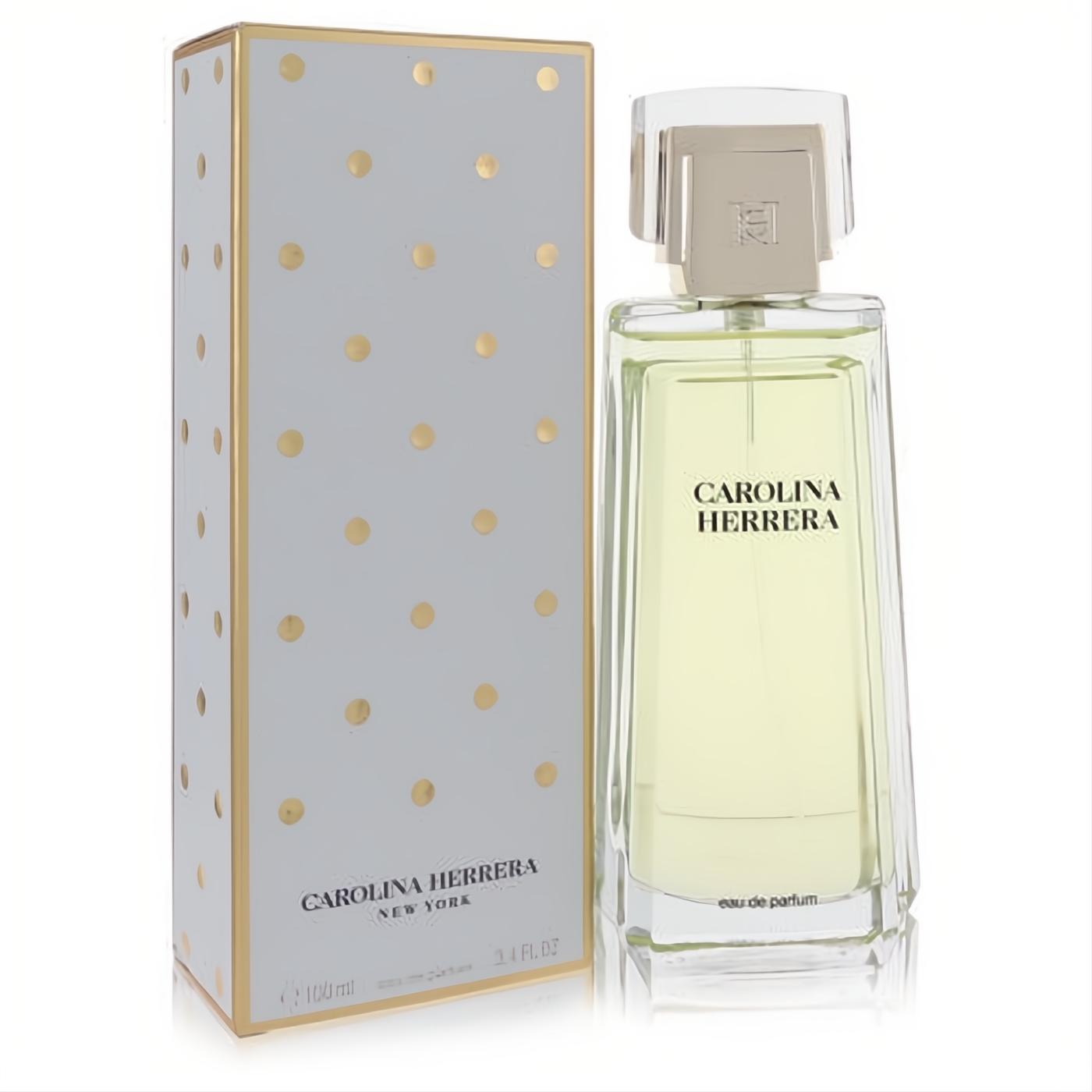 Discover Carolina Herrera women's 3.4 oz Eau De Parfum. Clear bottle with pale yellow liquid, elegant gold cap, and chic white polka dot box.