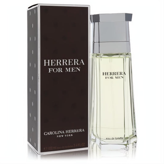 Distinctive Carolina Herrera for Men 3.4 oz EDT. Clear glass bottle with silver cap and elegant dark brown branded box.