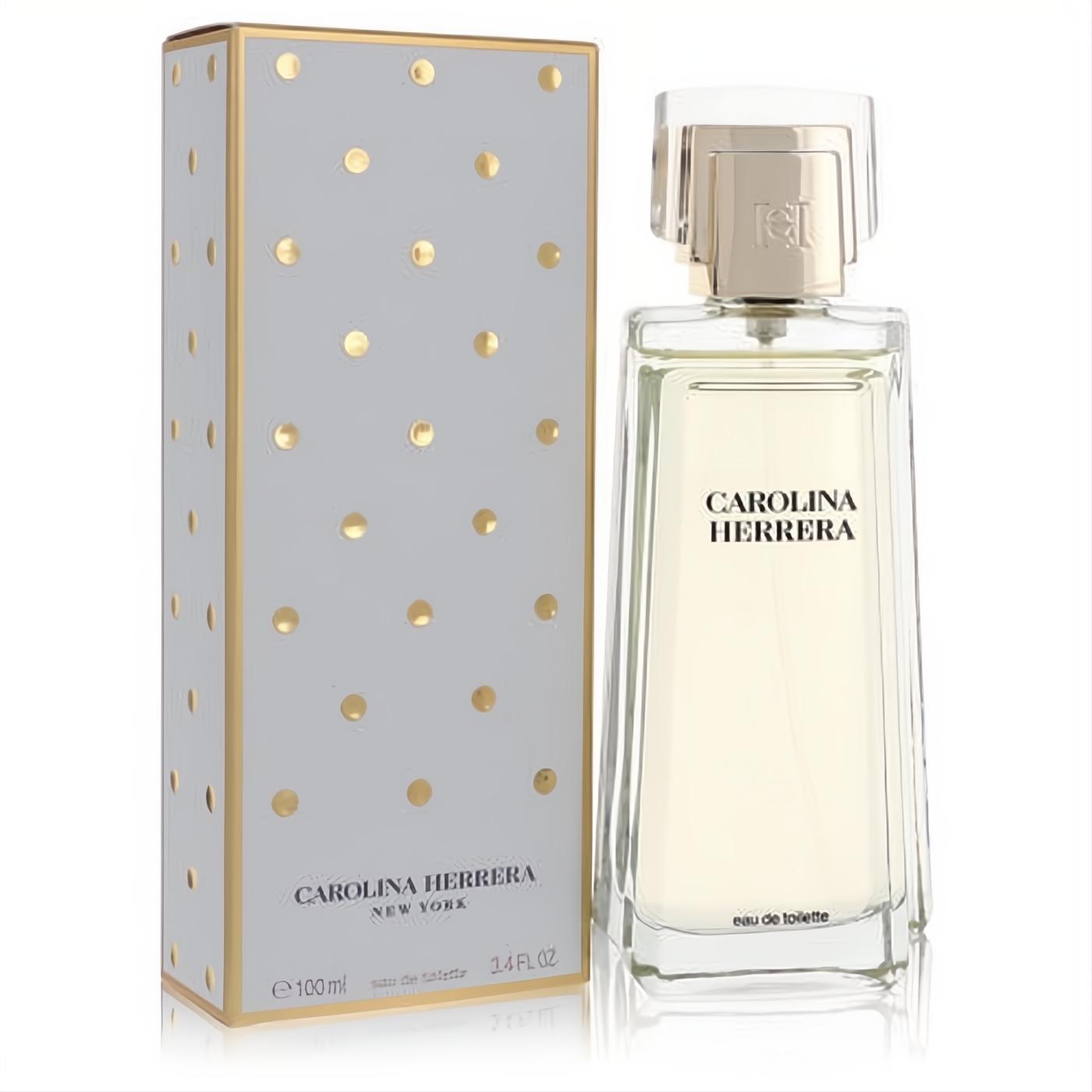 Carolina Herrera Eau De Toilette 3.4 oz spray, a chic glass bottle with gold CH cap and elegant white polka dot box.