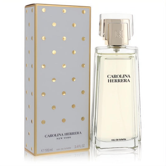 Carolina Herrera Eau De Toilette 3.4 oz spray, a chic glass bottle with gold CH cap and elegant white polka dot box.