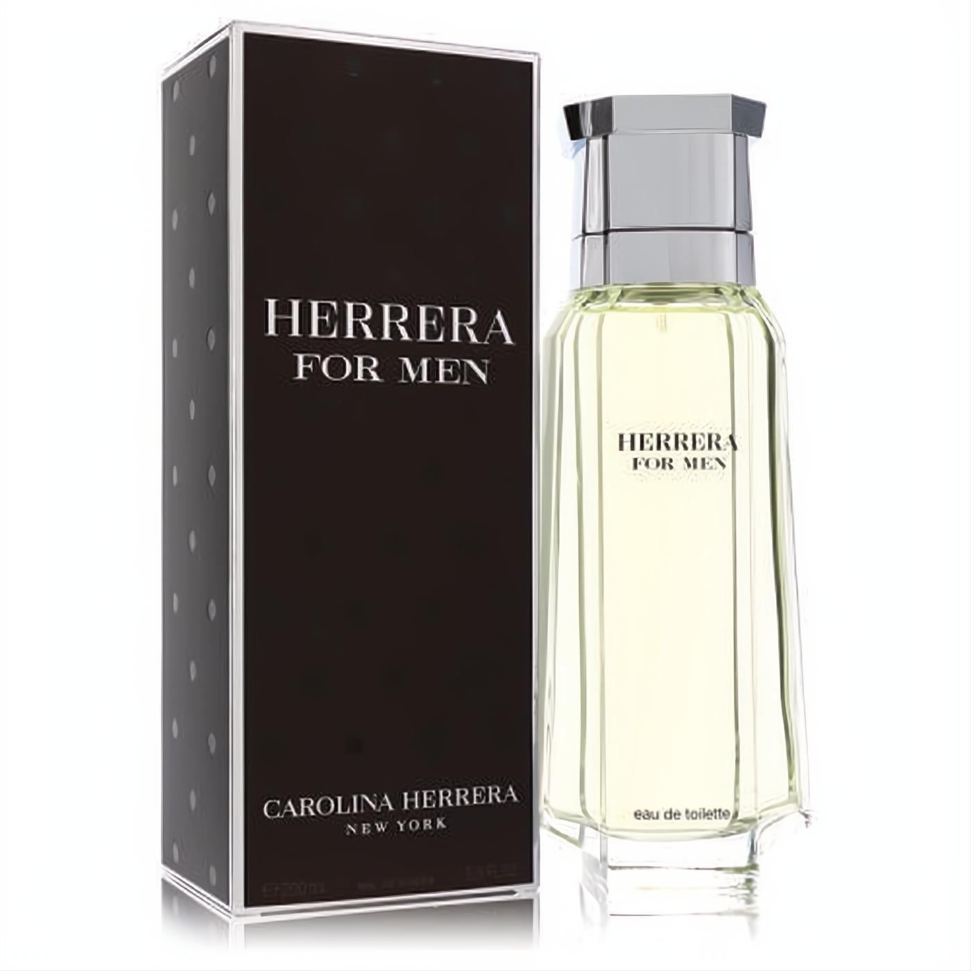 Carolina Herrera For Men 6.7 oz EDT spray. Sophisticated clear faceted bottle with pale liquid, silver cap, and elegant black box.
