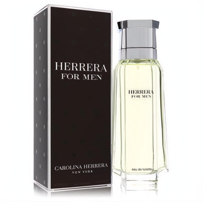 Carolina Herrera For Men 6.7 oz EDT spray. Sophisticated clear faceted bottle with pale liquid, silver cap, and elegant black box.