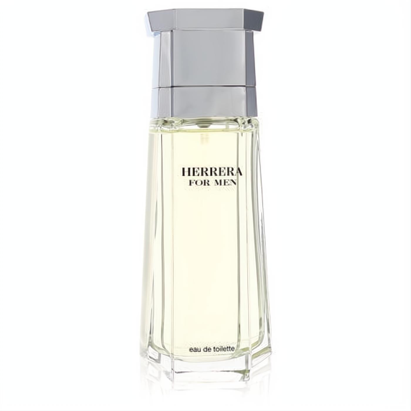 Experience Carolina Herrera For Men EDT. Sleek clear glass bottle with pale amber fragrance and a modern silver cap.