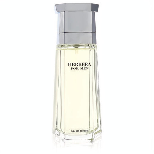 Experience Carolina Herrera For Men EDT. Sleek clear glass bottle with pale amber fragrance and a modern silver cap.